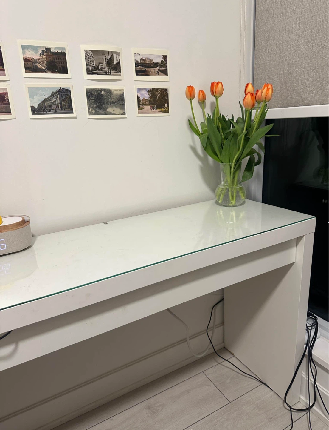 White Console Table with Drawer and Glass Top