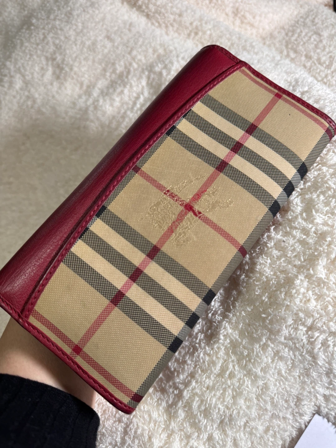 Burberry Haymarket Check Continental Wallet Red Leather