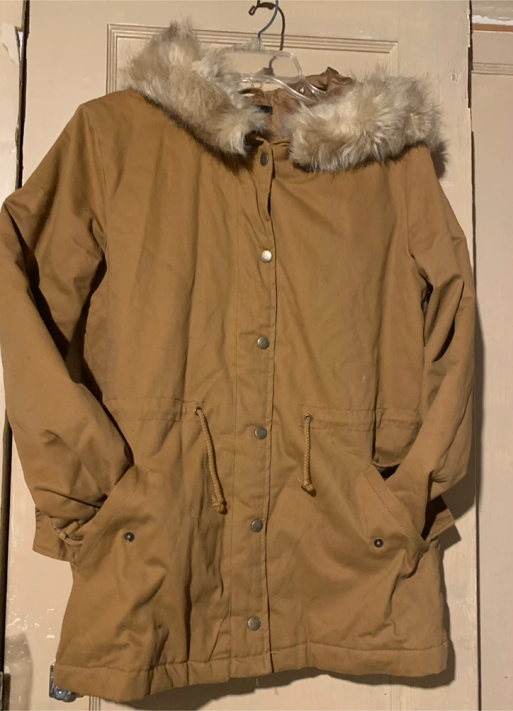 🧡 Women's Tan Hooded Parka Jacket with Faux Fur Trim