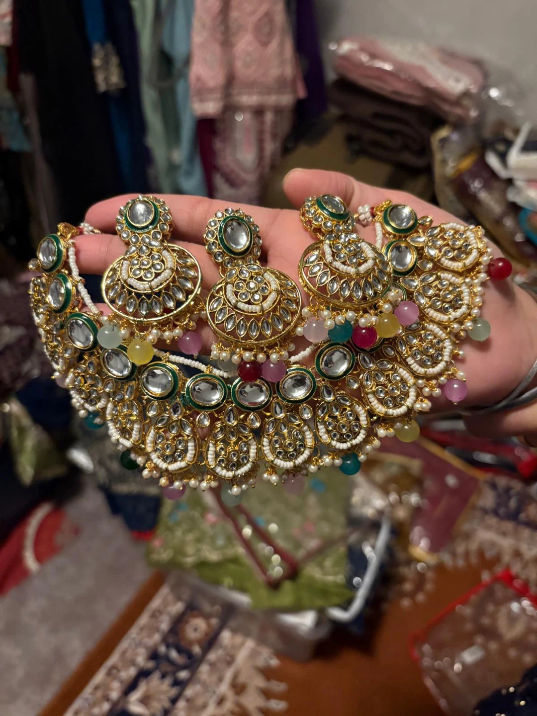 Gold Toned Necklace and Earring Set with Multi-coloured Beads