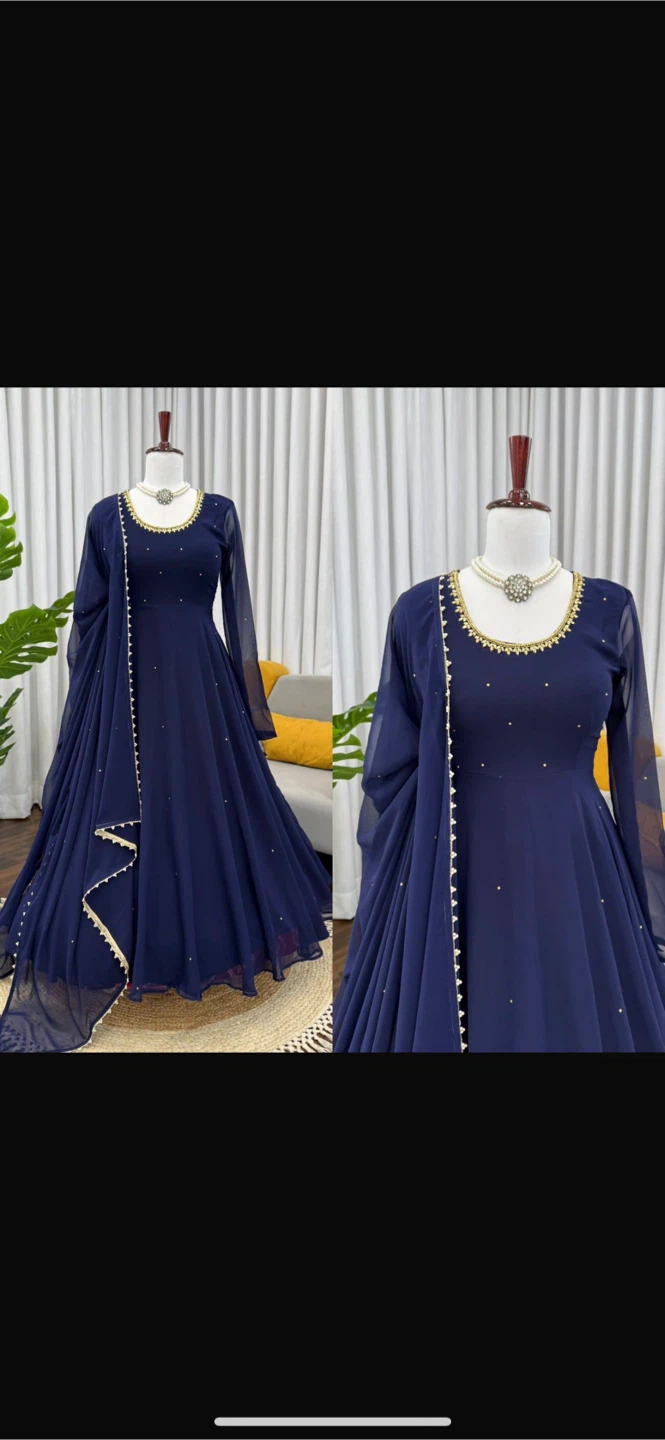 Navy Blue Anarkali Dress with Gold Embellishments