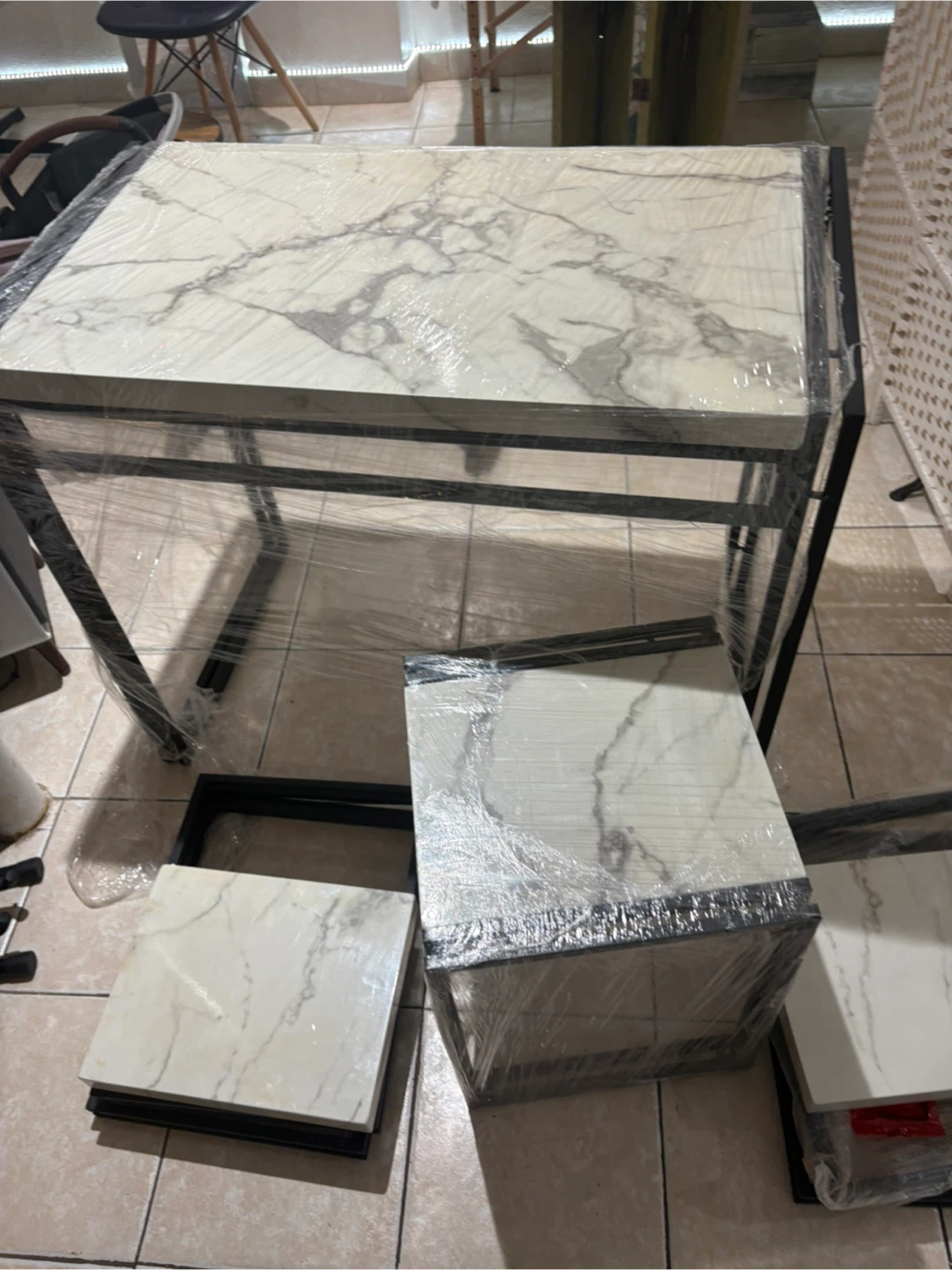 Marble Top Metal Frame Dining Set Table and Chairs