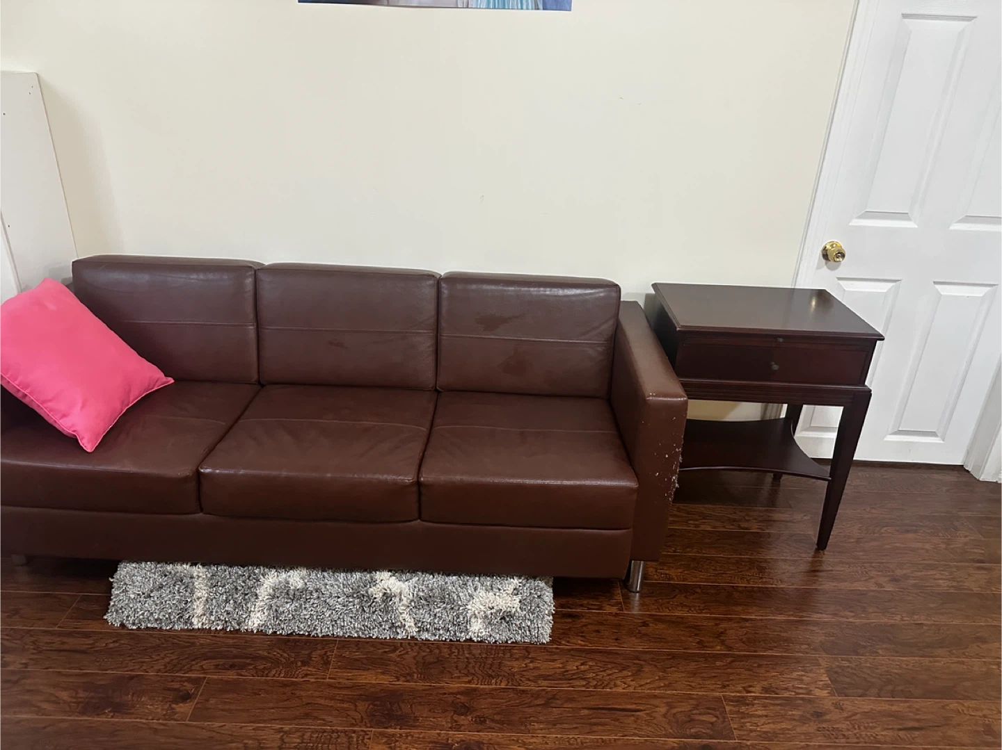 Modern Brown Leather Sofa + Side Table – Great Condition