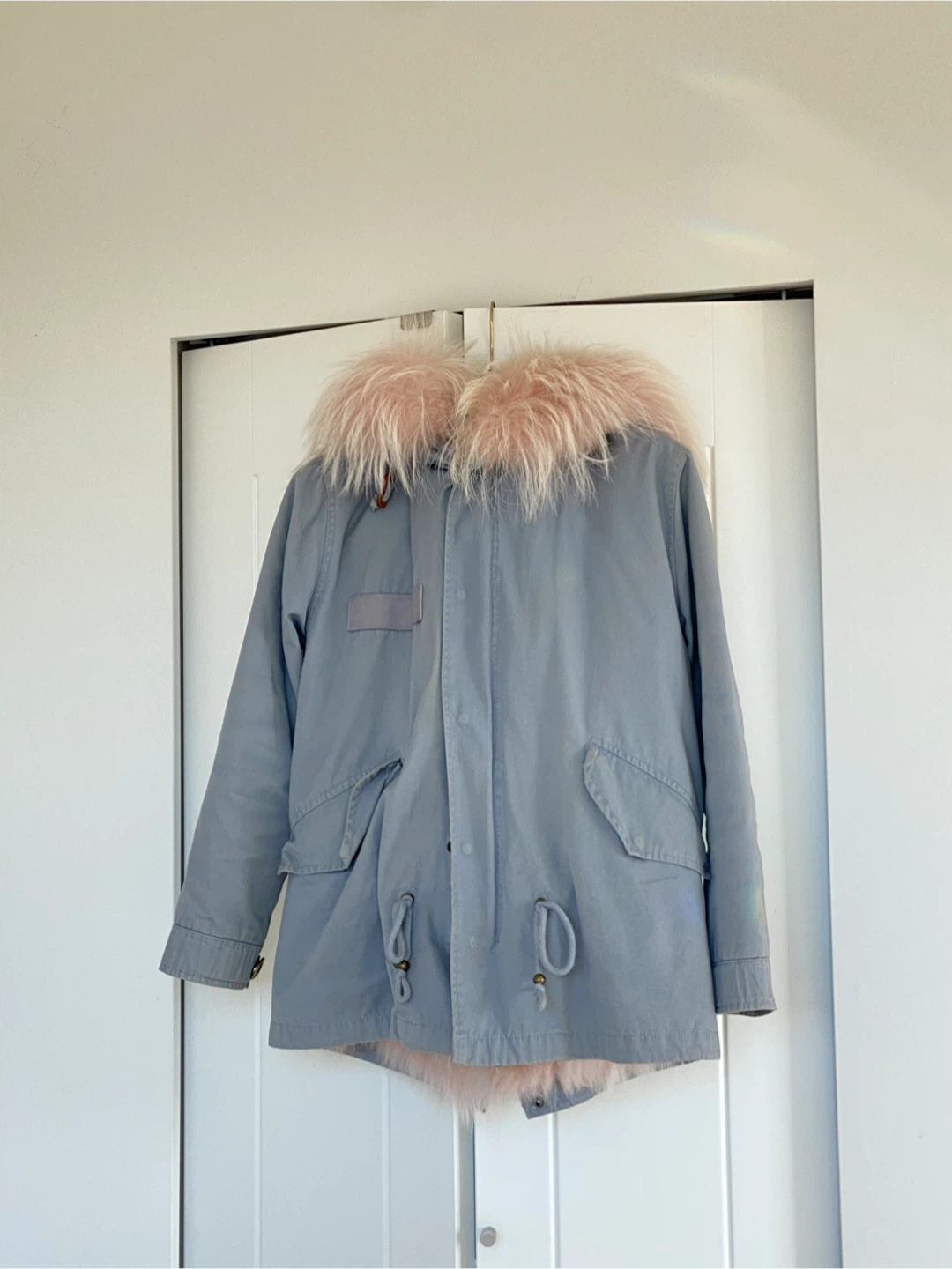 Grey Blue Parka Jacket with Pink Fur Hood