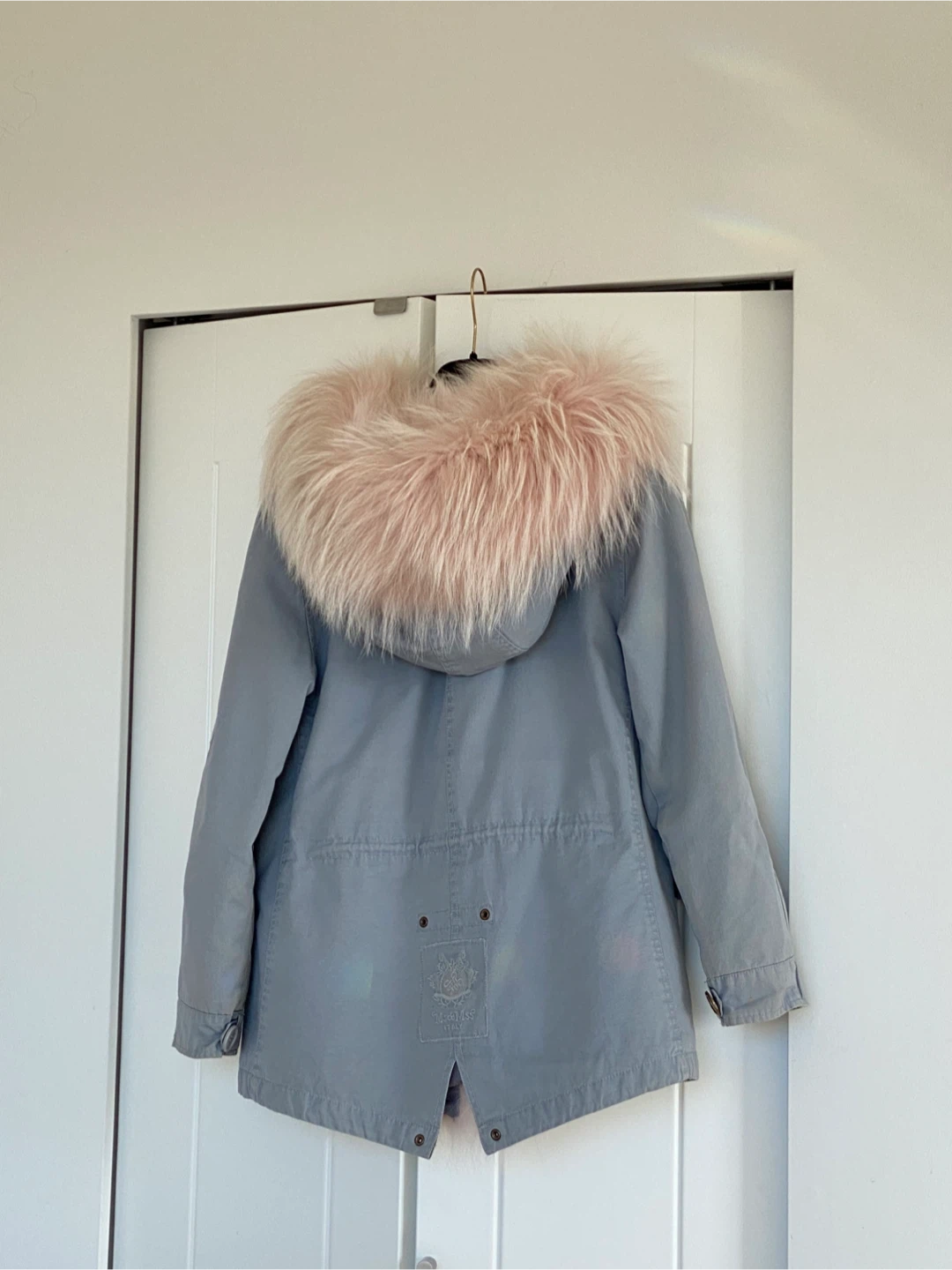 Grey Blue Parka Jacket with Pink Fur Hood - photo 3