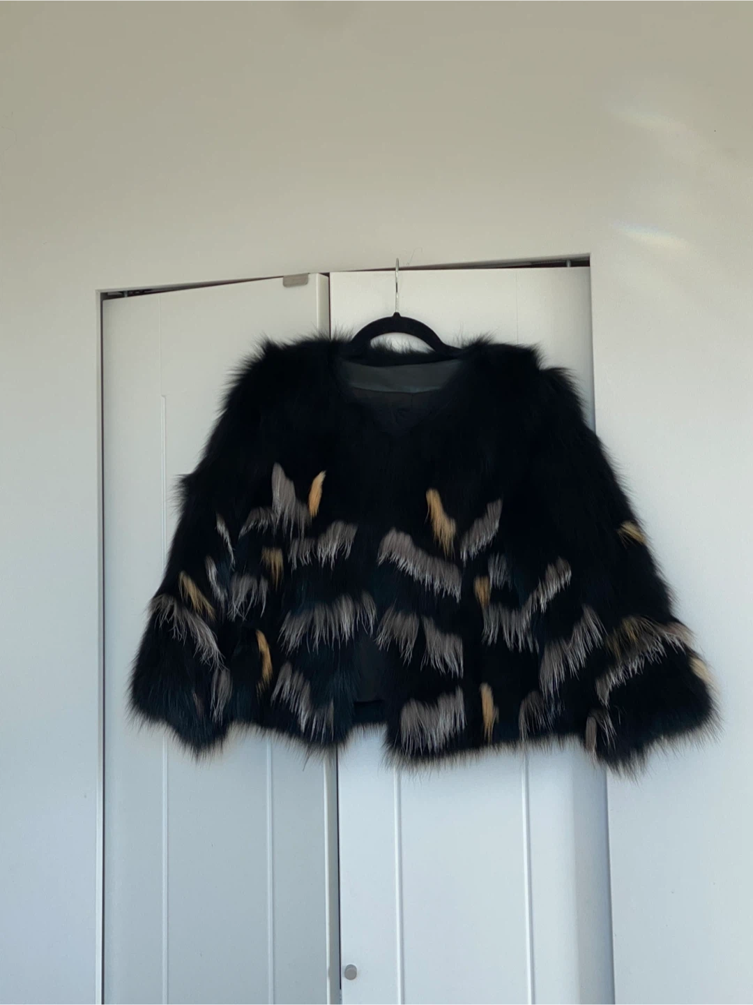 Black Fox Fur Jacket with Multi-Coloured Accents