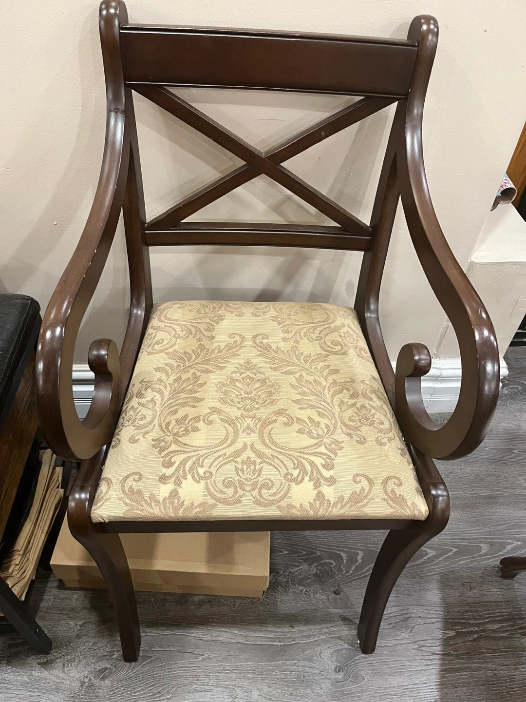 Wooden Accent Chair with Damask Upholstery