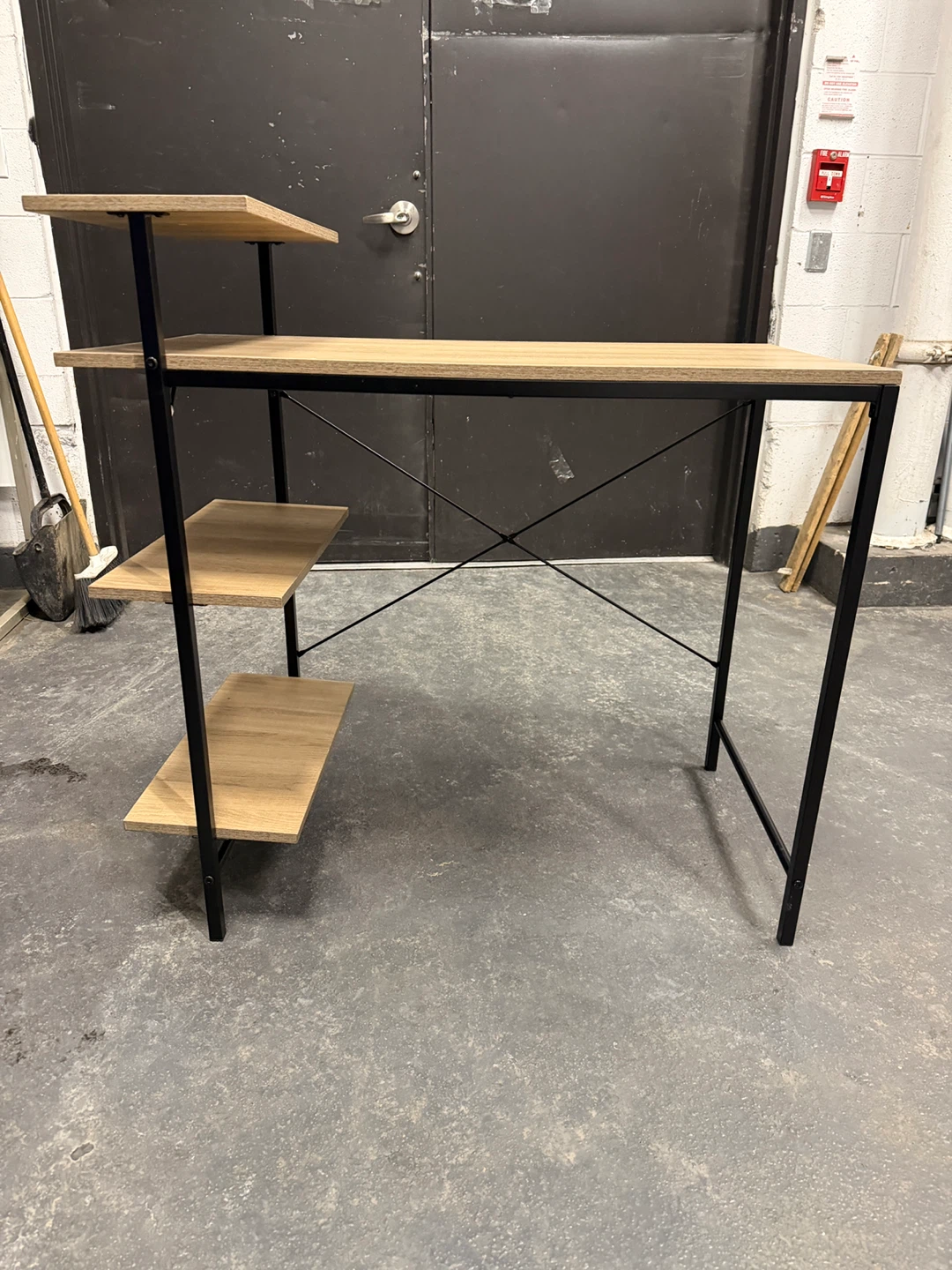 Modern Oak and Black Metal Desk with Shelves