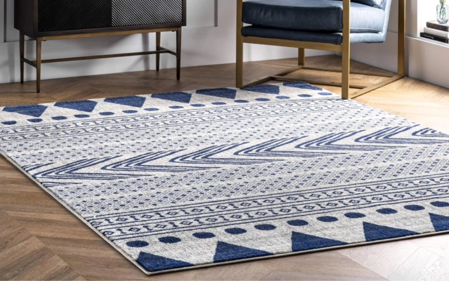 Blue and White Geometric Area Rug