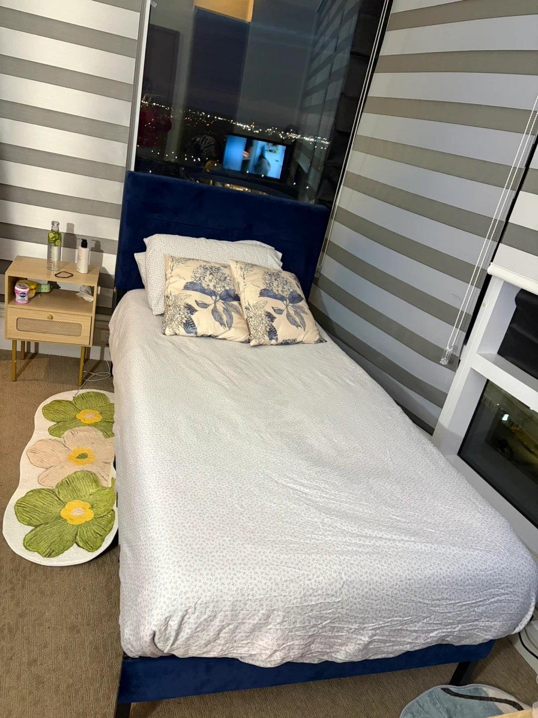 Bed Frame - Dark Blue Upholstered