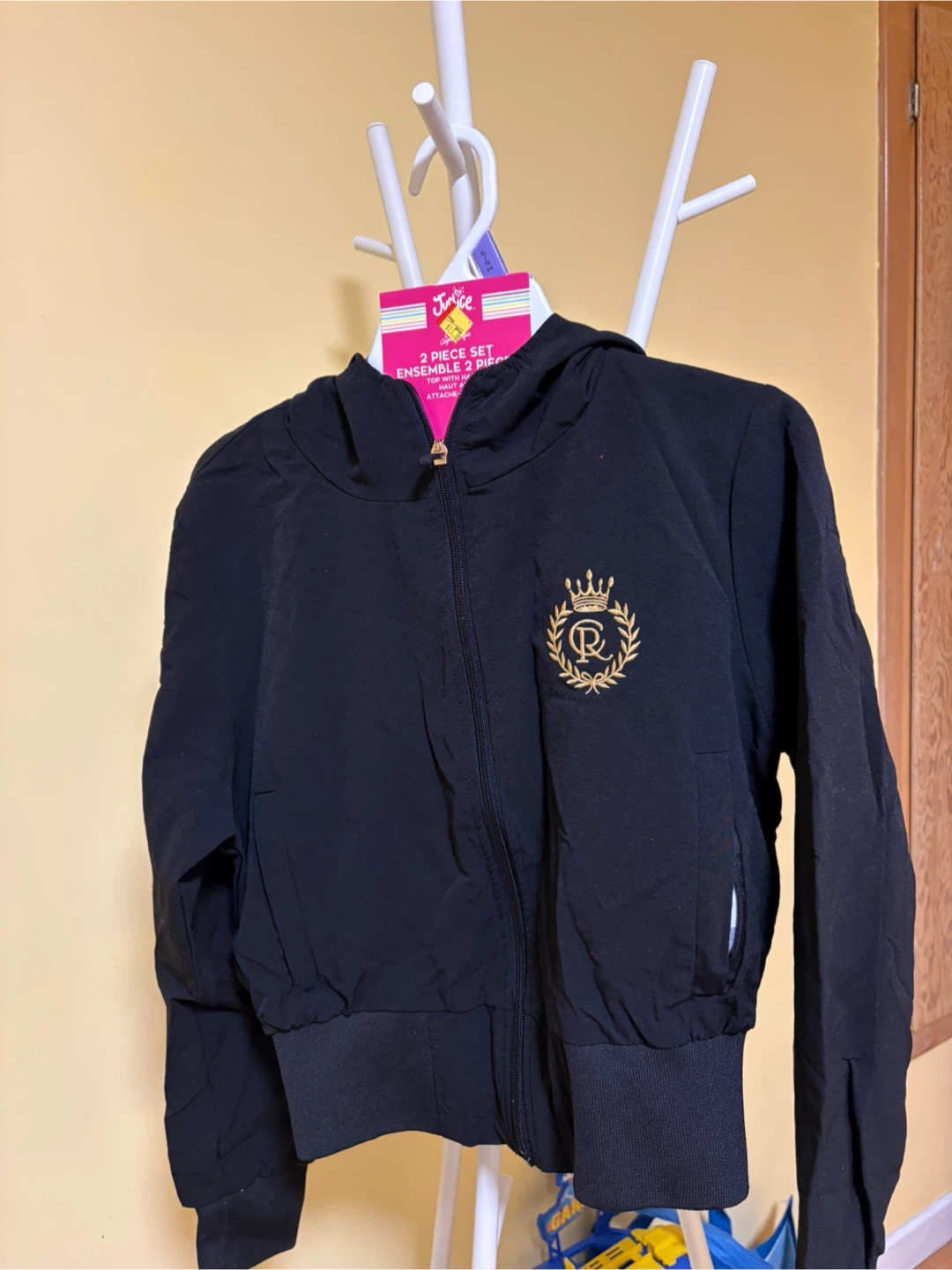 Justice Black Hooded Jacket with Gold Crown Embroidery