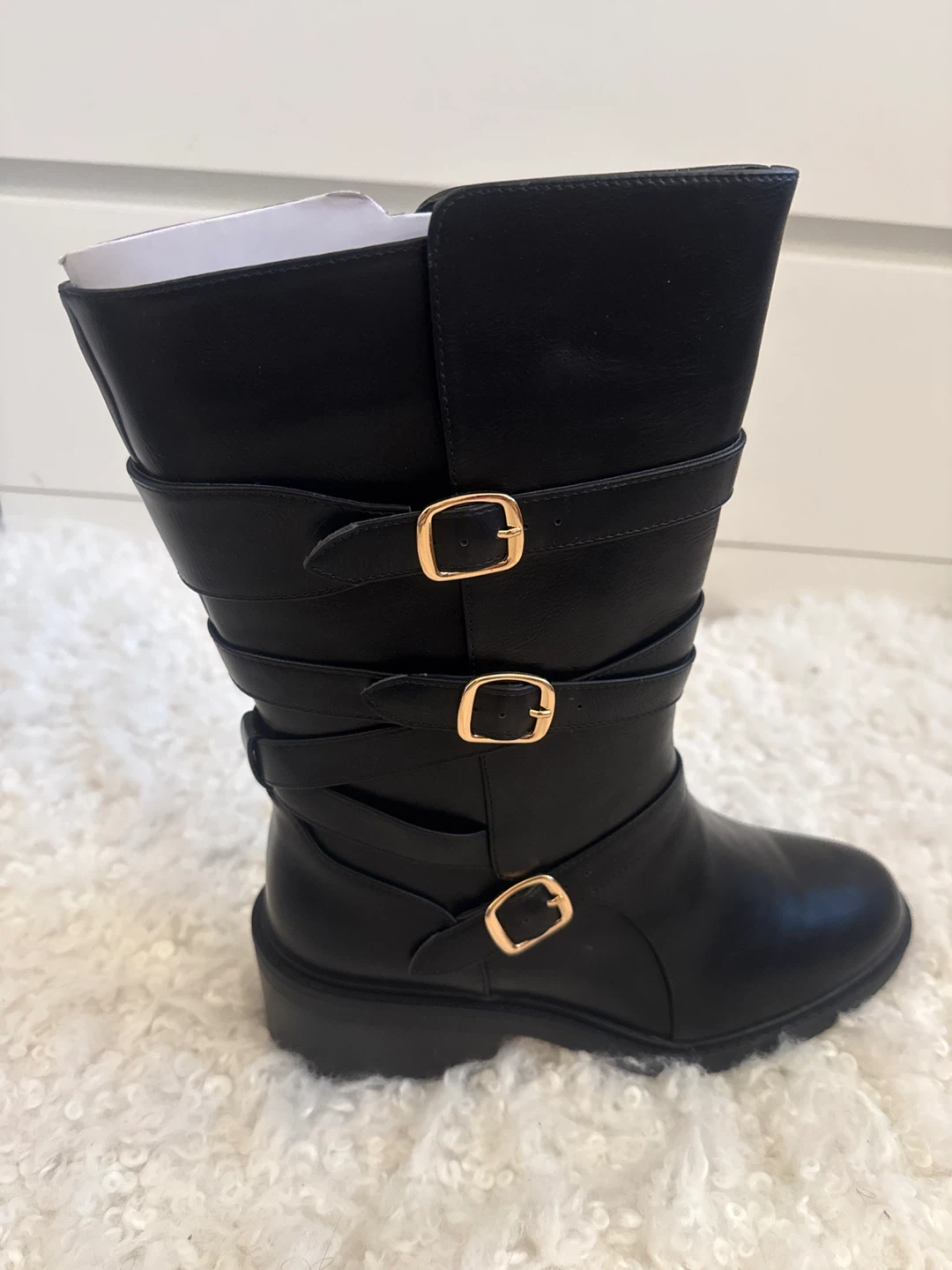 Black Buckled Mid-Calf Boots
