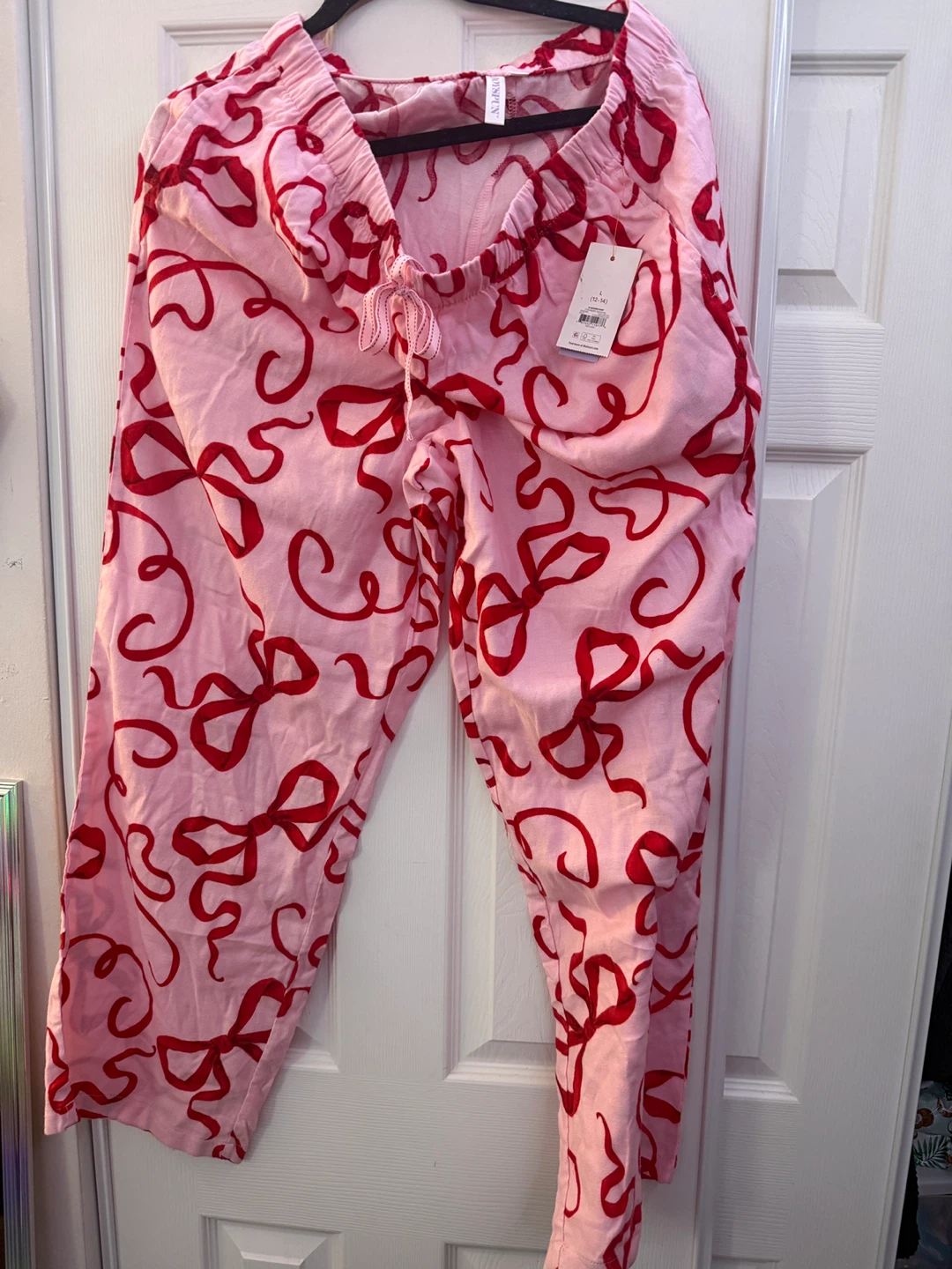 JOYSUPN Pink Red Ribbon Pajama Pants Size L (12-14)