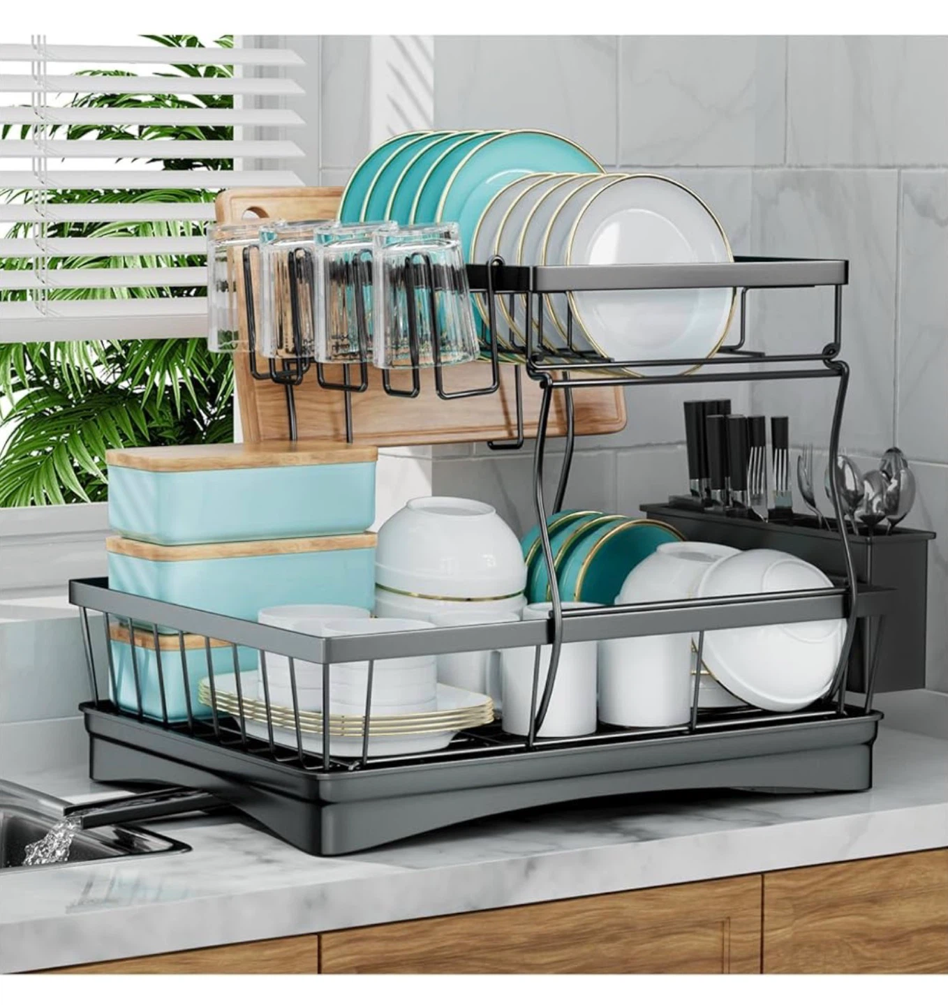 2-Tier Dish Drying Rack with Chopping Block Holder