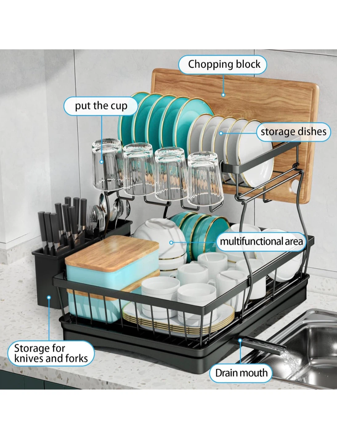 2-Tier Dish Drying Rack with Chopping Block Holder - photo 5