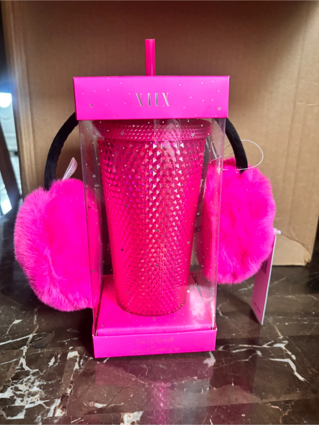 IIHX Pink Tumbler with Faux Fur Earmuffs 23.5 oz