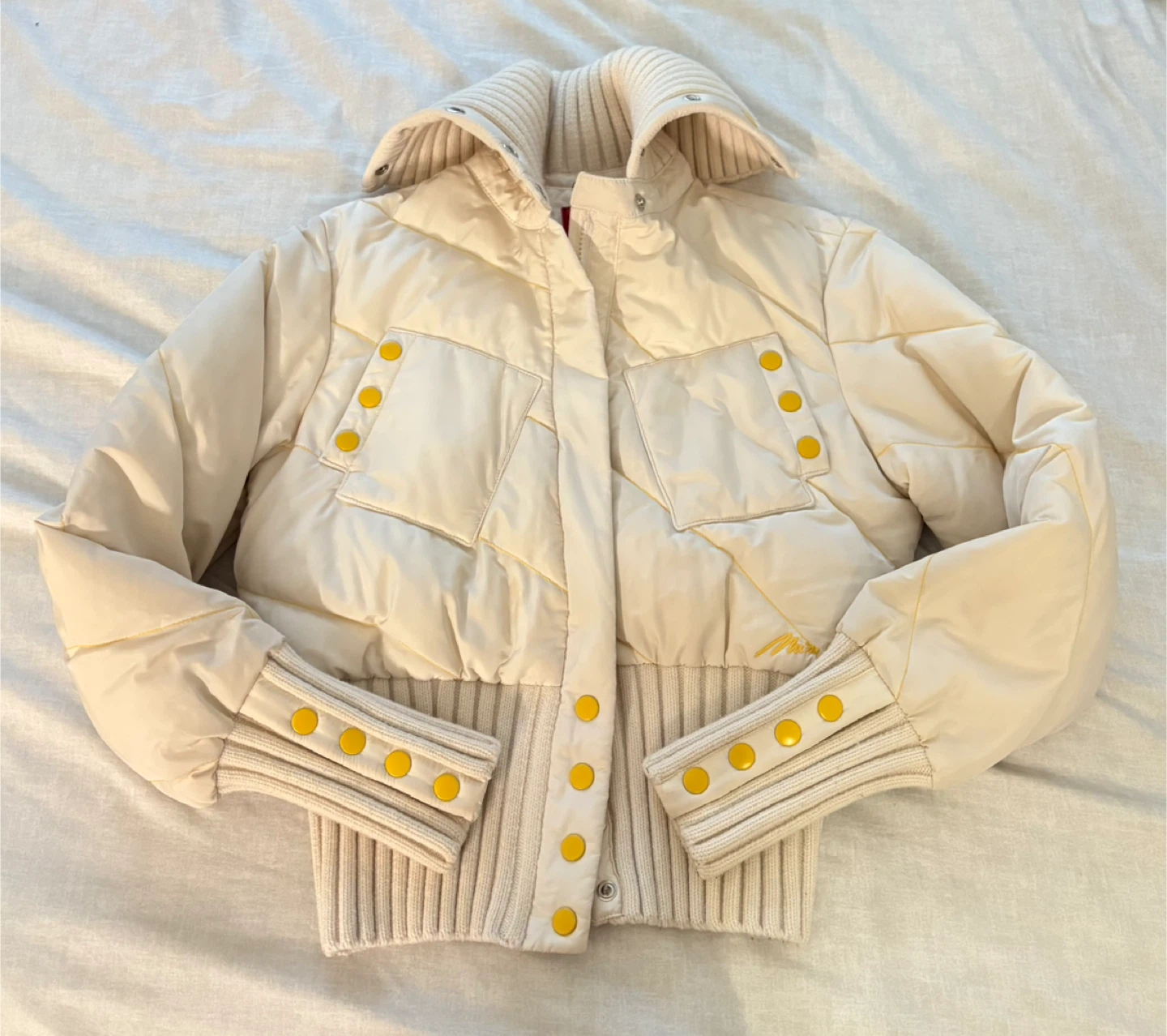 Cream Puffer Jacket with Yellow Accents