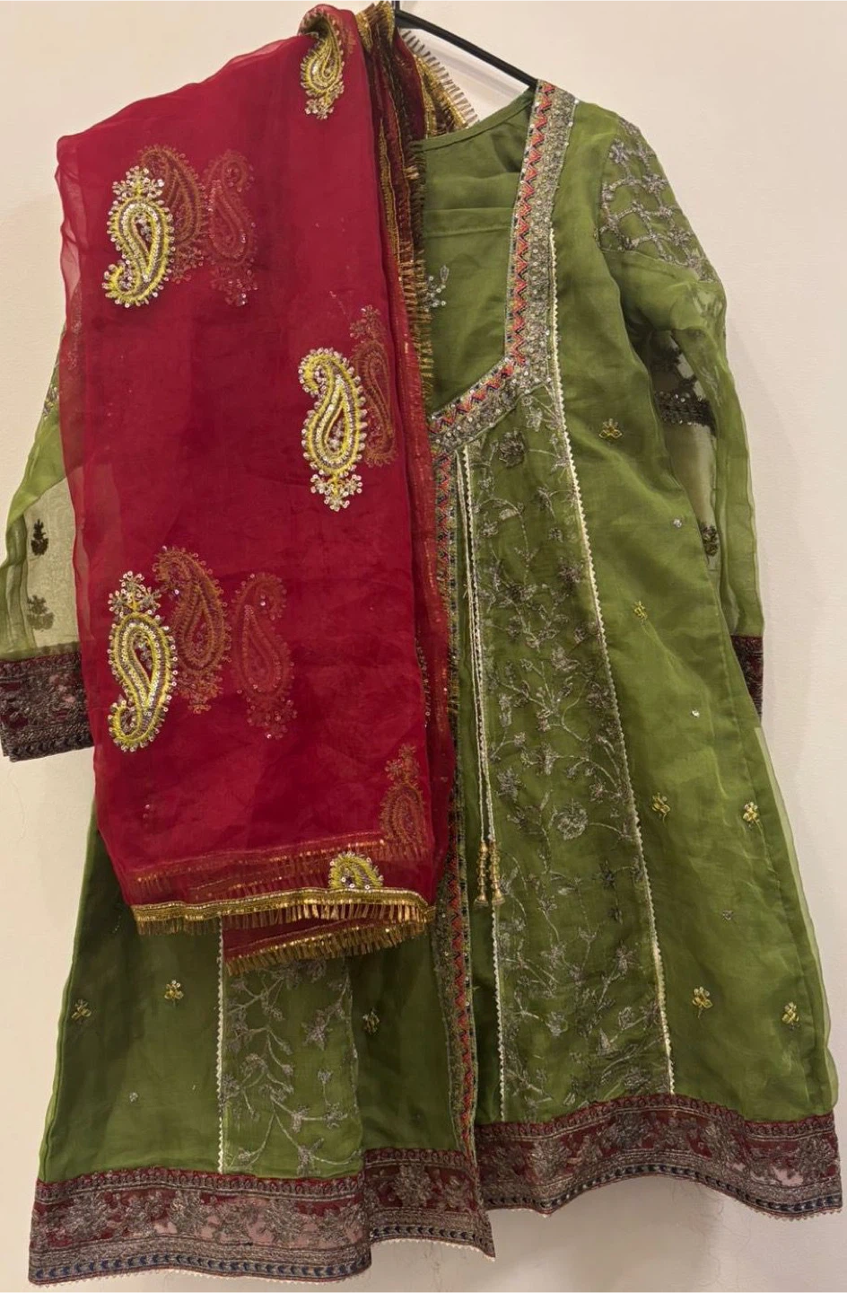 Green embroidered kurta with red dupatta