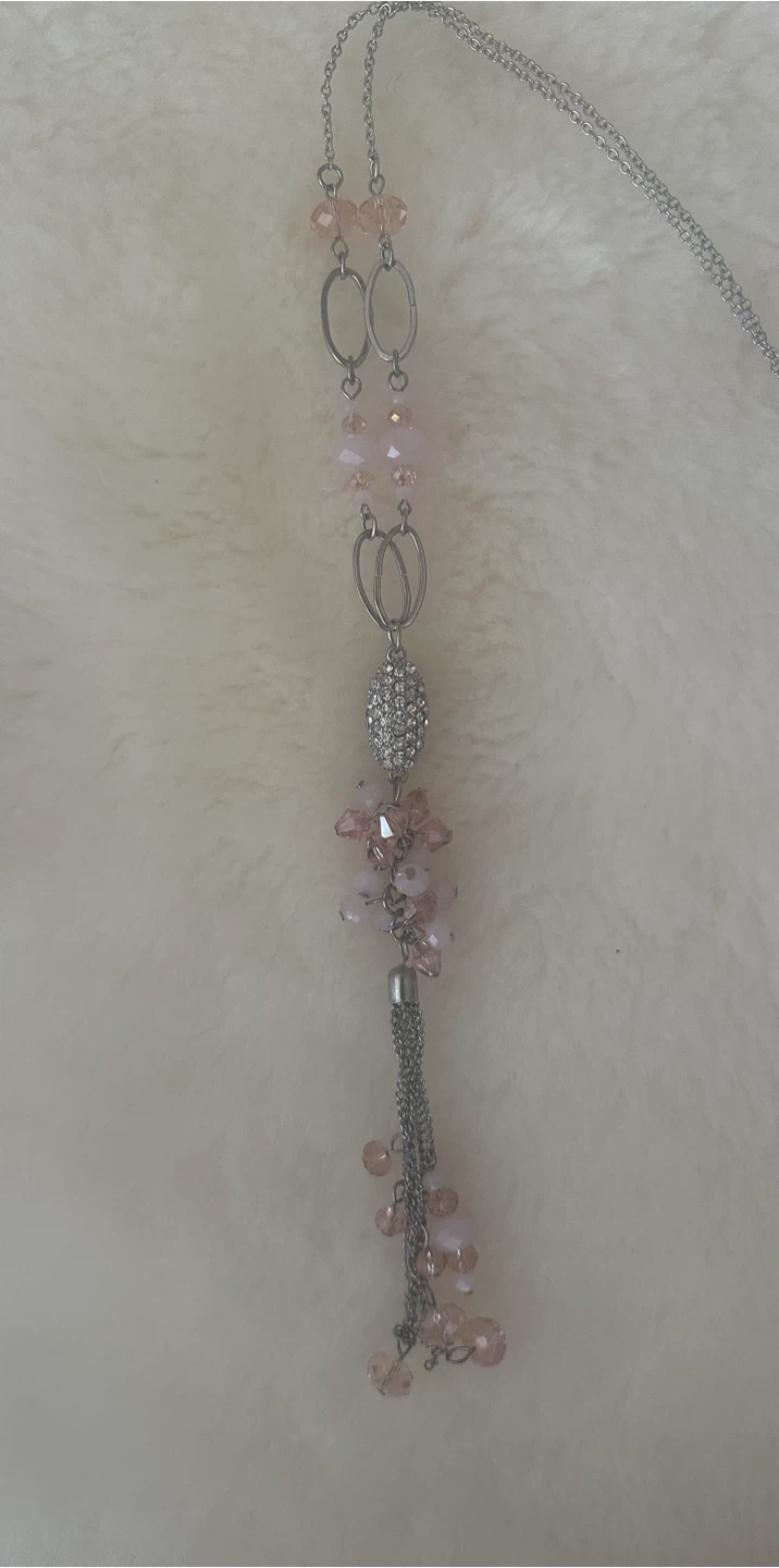 Silver-tone Pendant Necklace with Pink Beads and Tassel - photo 3