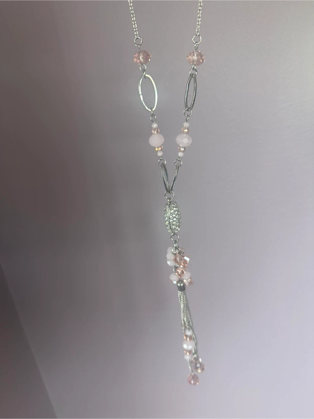 Silver-tone Pendant Necklace with Pink Beads and Tassel