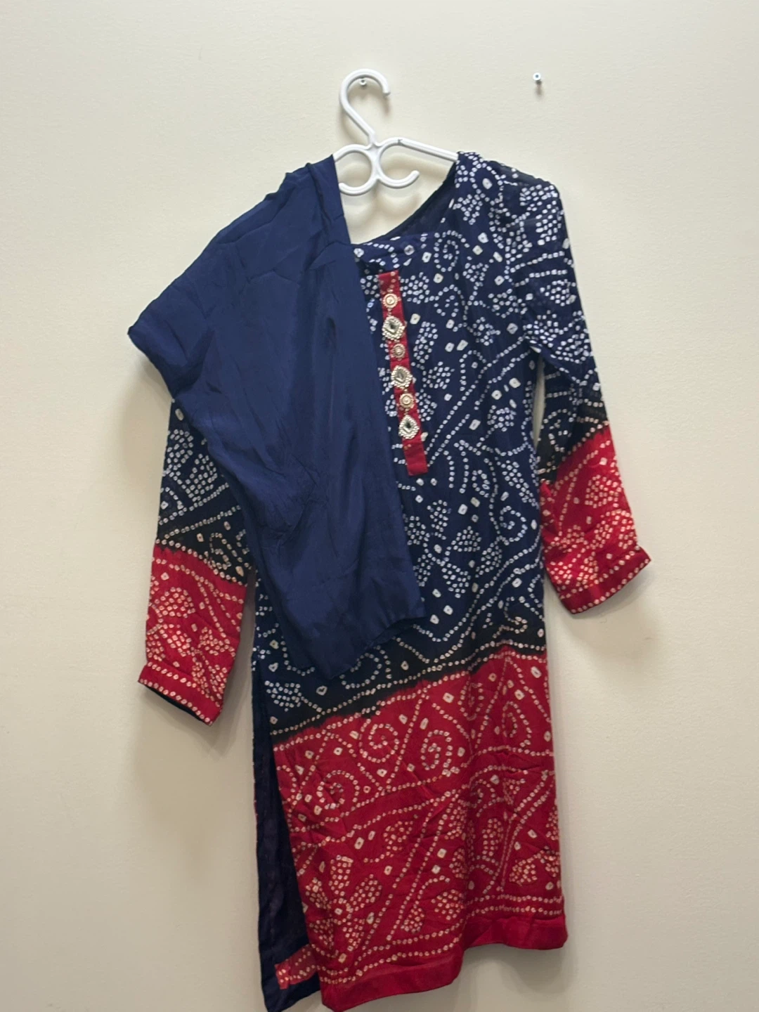 Blue and Red Bandhani Print Tunic with Embellished Neckline