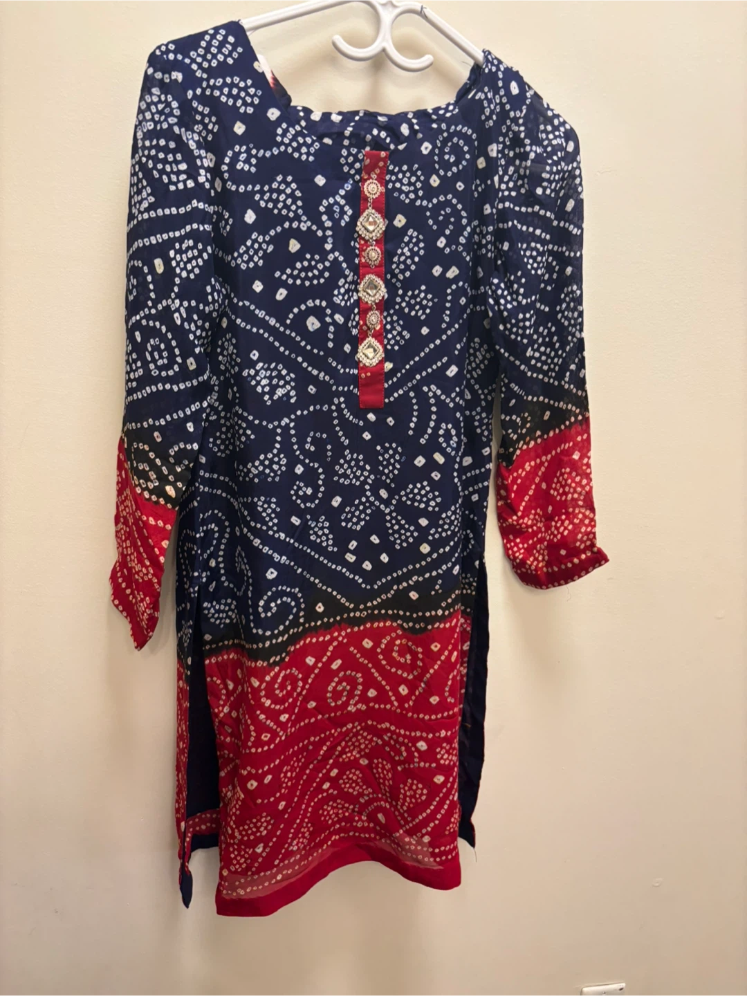 Blue and Red Bandhani Print Tunic with Embellished Neckline - photo 2