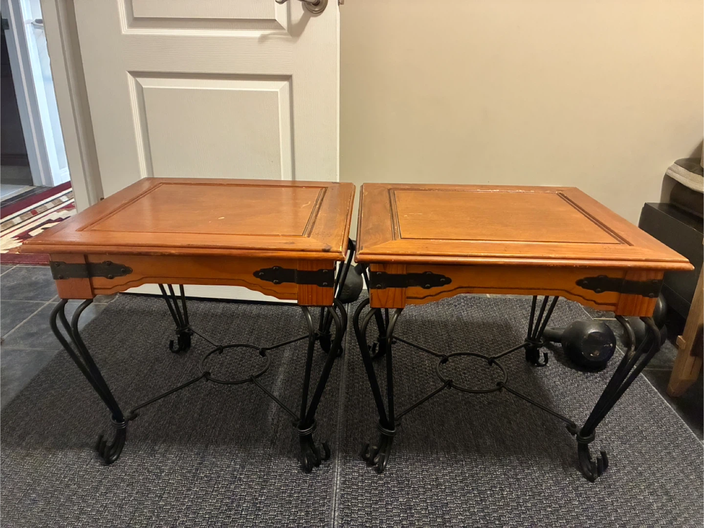 Pair of Wooden Side Tables with Metal Legs