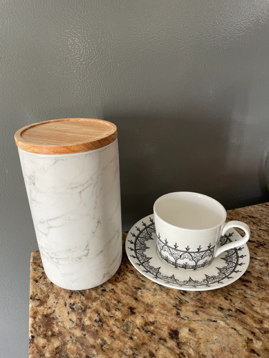 Marble Canister with Wood Lid and cup brand new