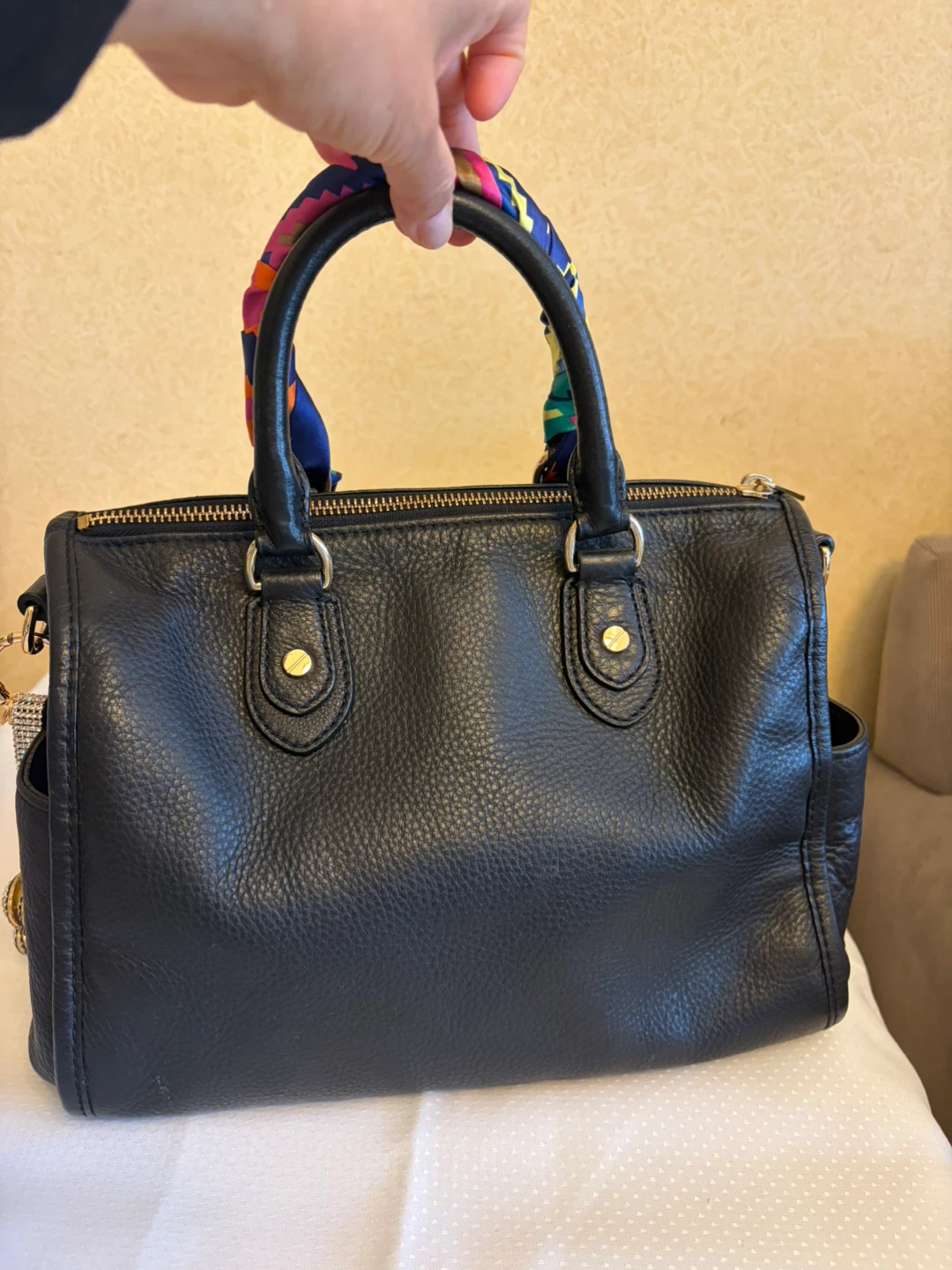 Michael Kors Black Leather Satchel with Scarf and Charm - photo 5