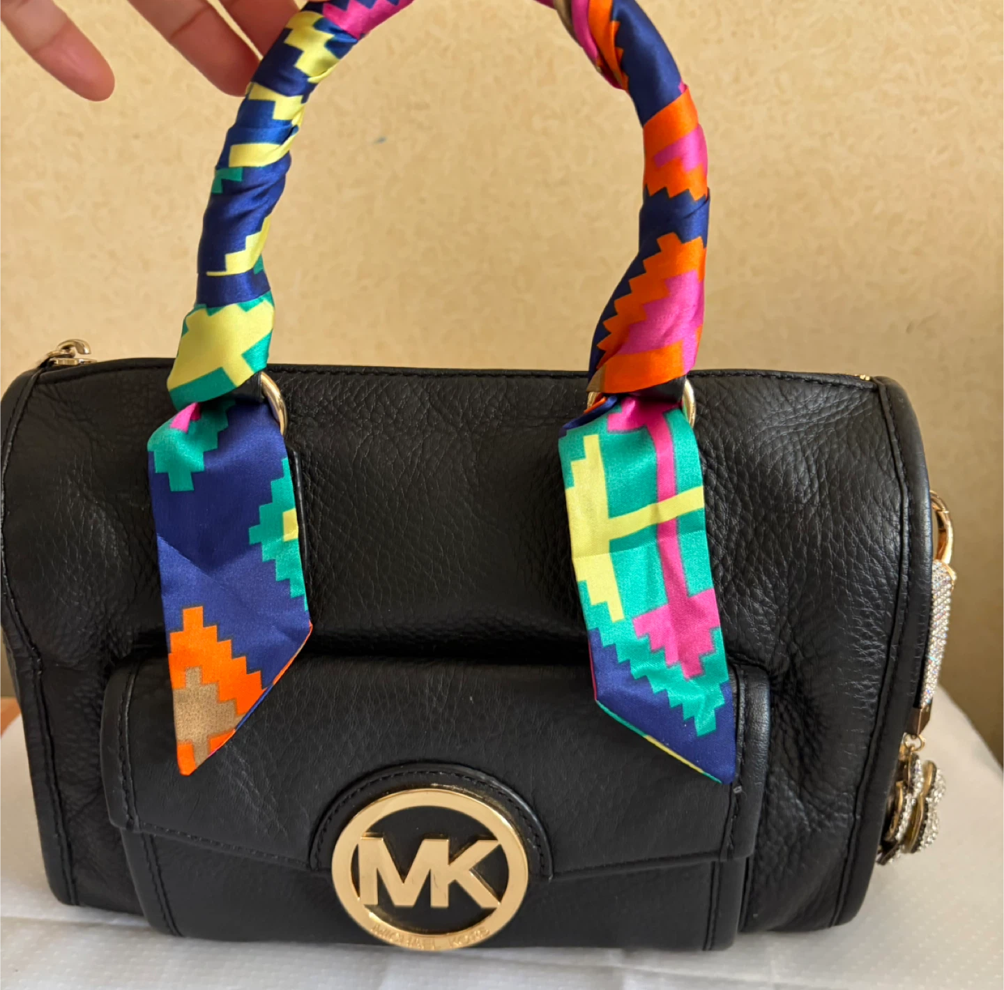 Michael Kors Black Leather Satchel with Scarf and Charm