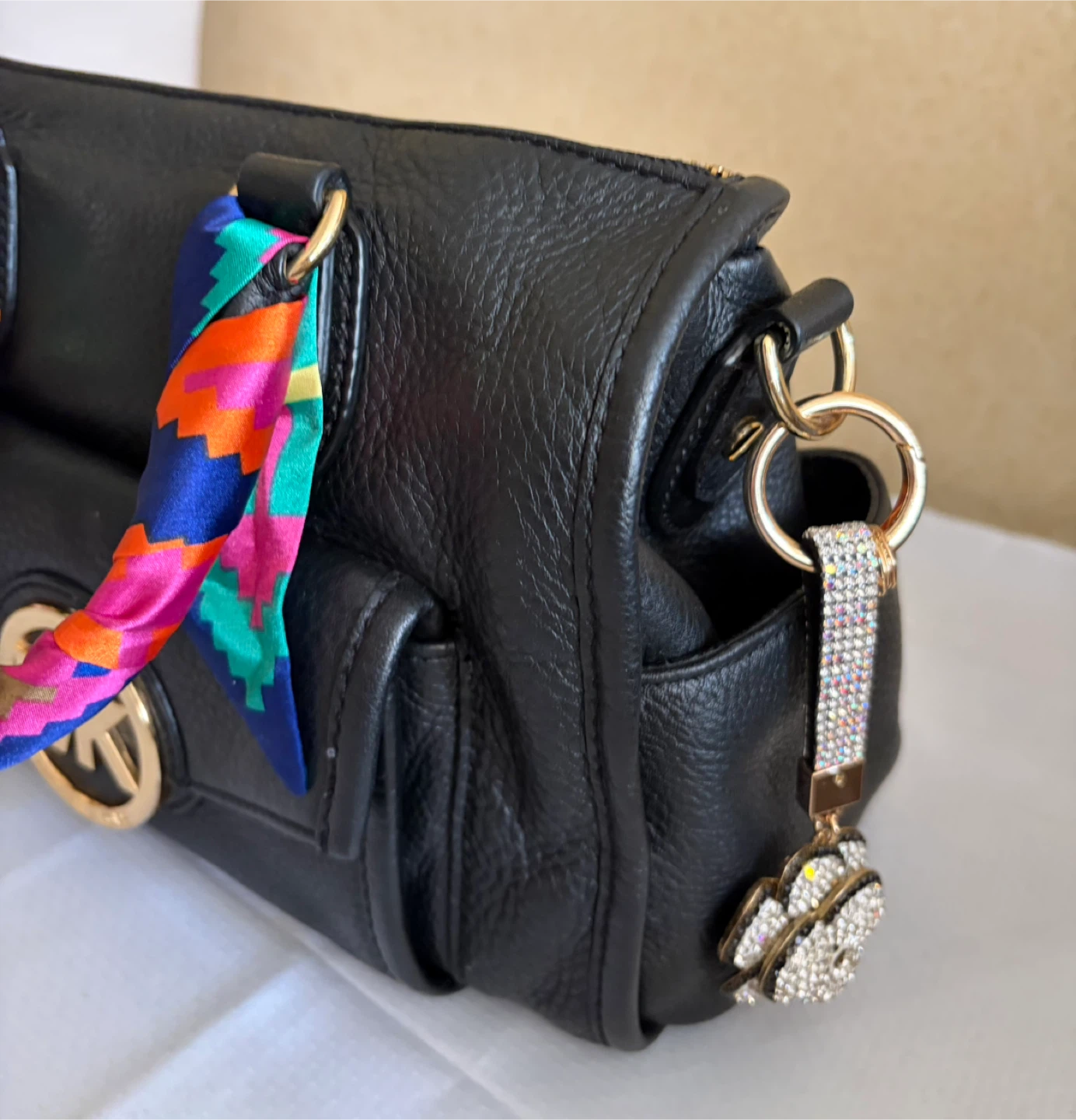 Michael Kors Black Leather Satchel with Scarf and Charm - photo 4