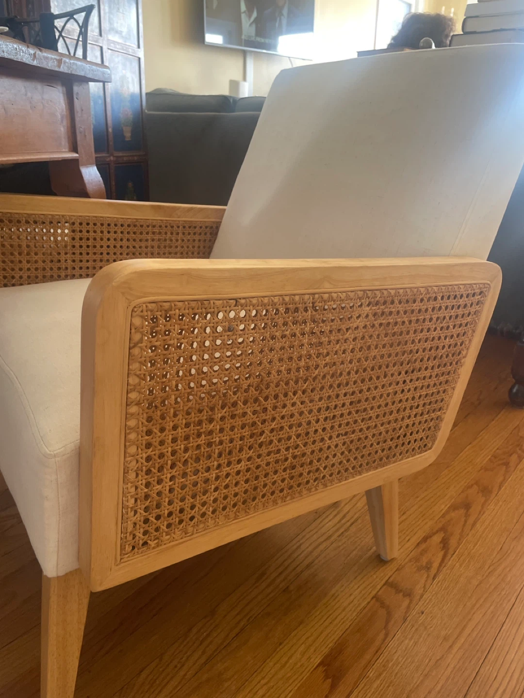 Cane Accent Armchair - Cream Fabric & Wood Frame - photo 2