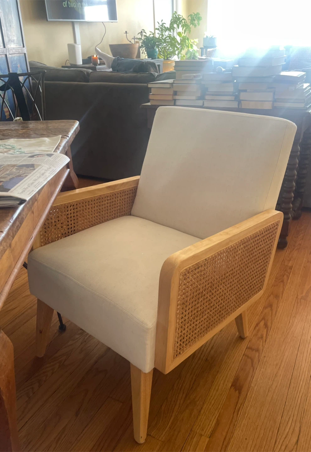 Cane Accent Armchair - Cream Fabric & Wood Frame