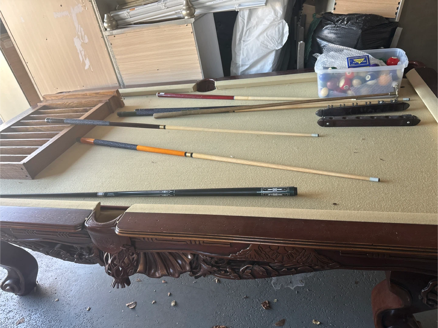 Antique Wooden Pool Table with Accessories
