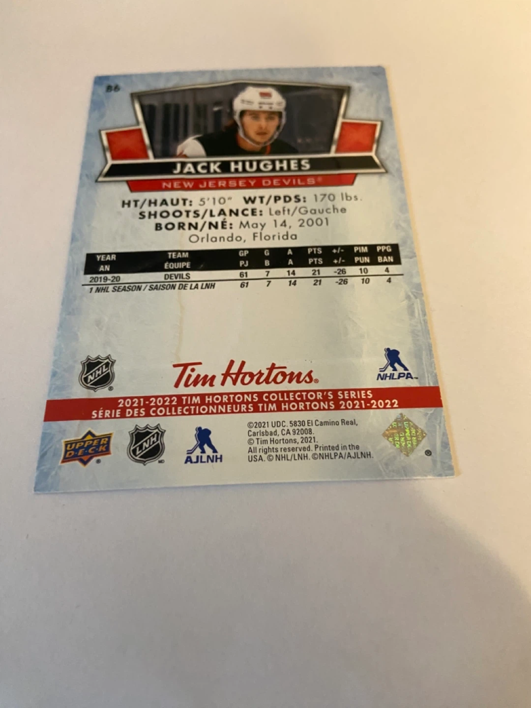Jack Hughes Upper Deck Tim Hortons 2021-2022 Hockey Card - photo 4