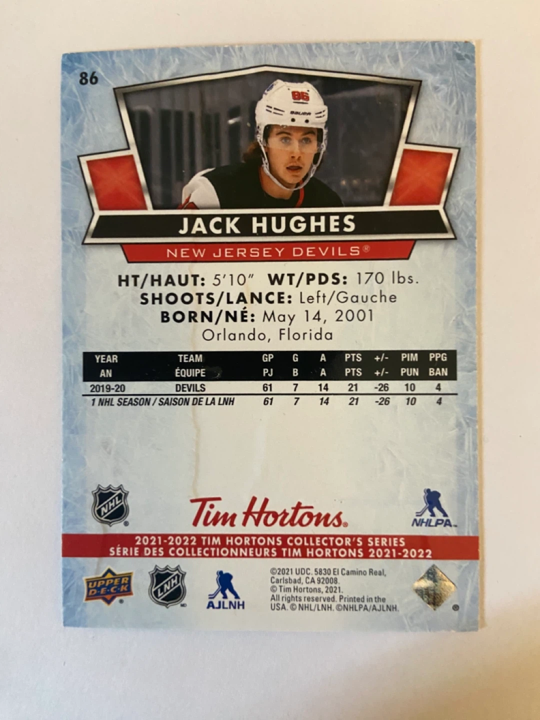 Jack Hughes Upper Deck Tim Hortons 2021-2022 Hockey Card - photo 3