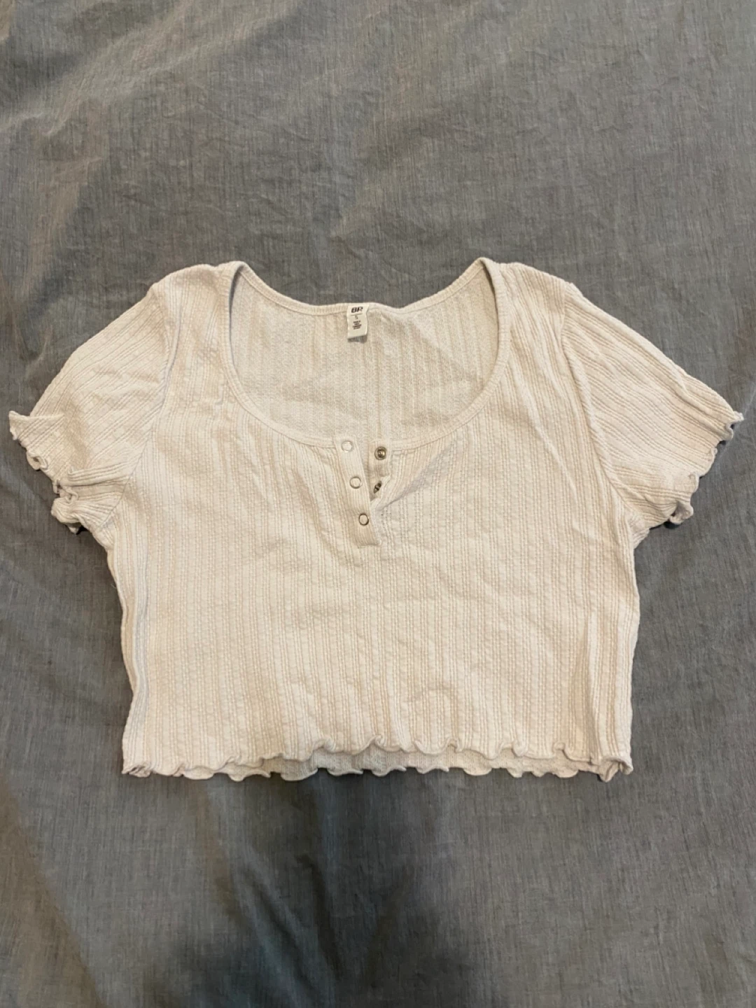 White Ribbed Cropped Henley Shirt