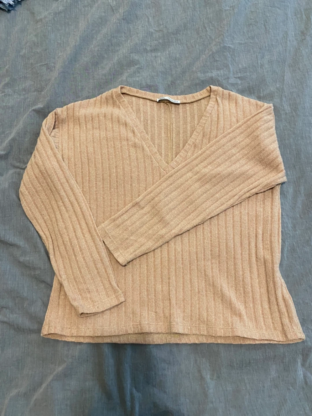 Zara Ribbed V-Neck Long Sleeve Top - Beige, Size S