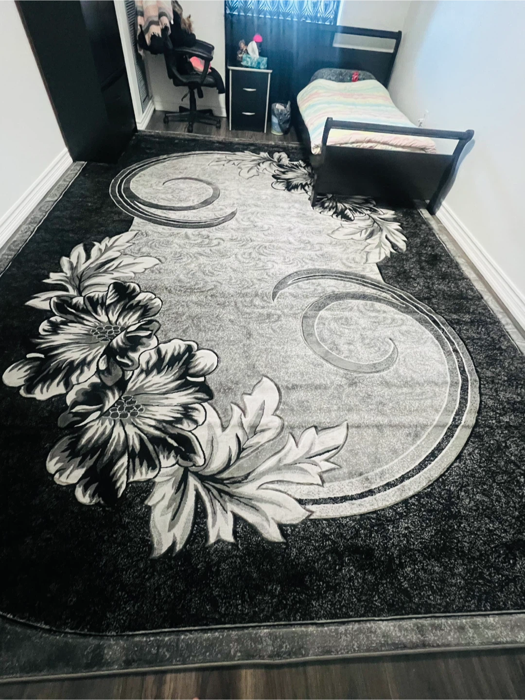 Large Area Rug with Floral and Scroll Design