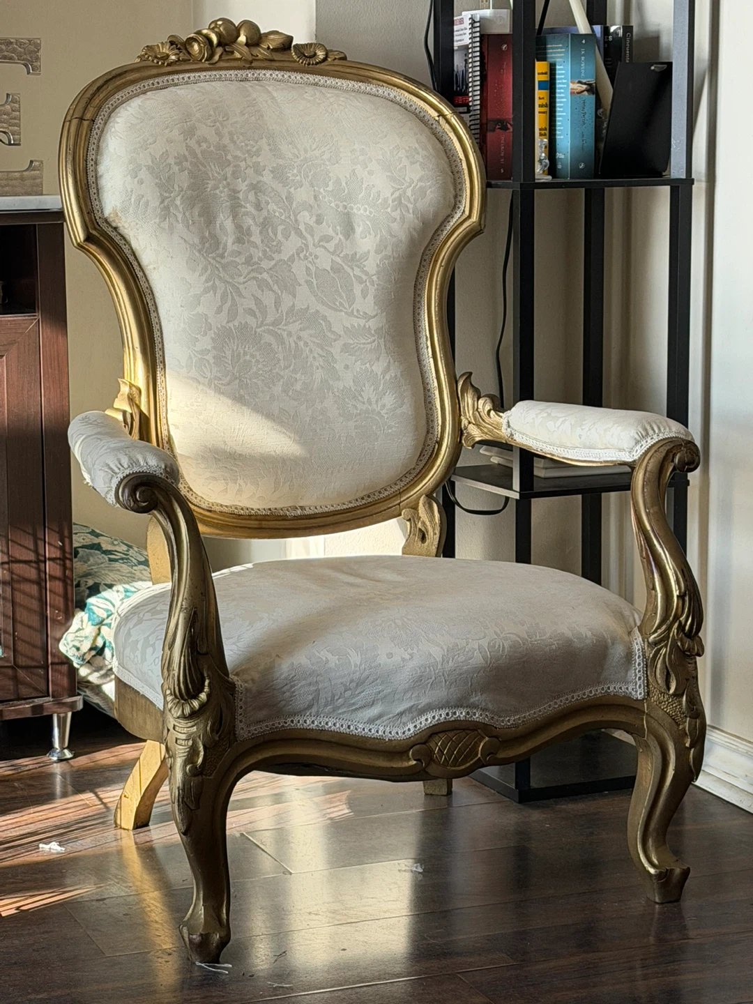 Ornate Gold Armchair with White Floral Upholstery