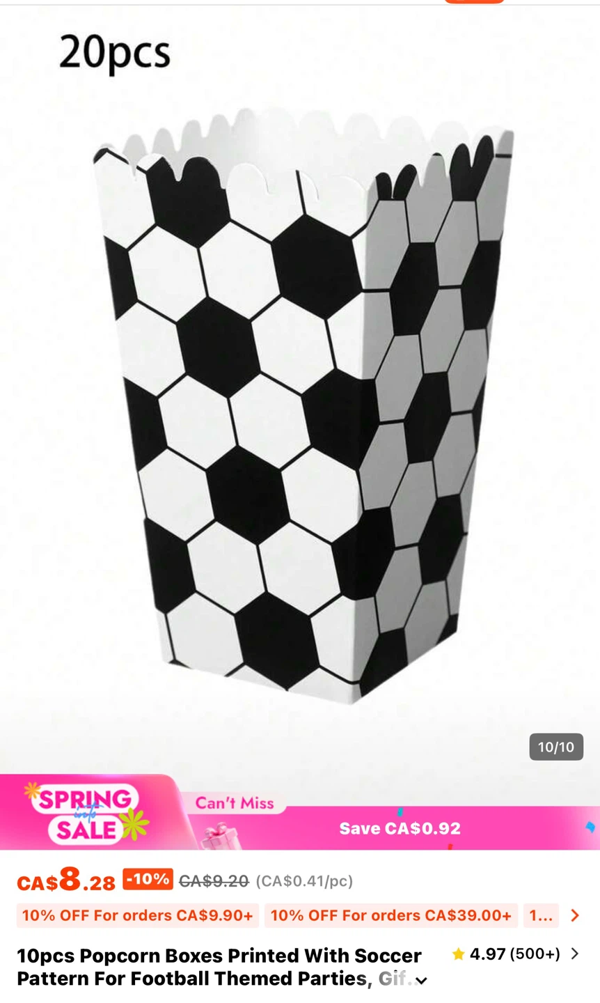 10pcs Popcorn Boxes with Soccer Ball Print