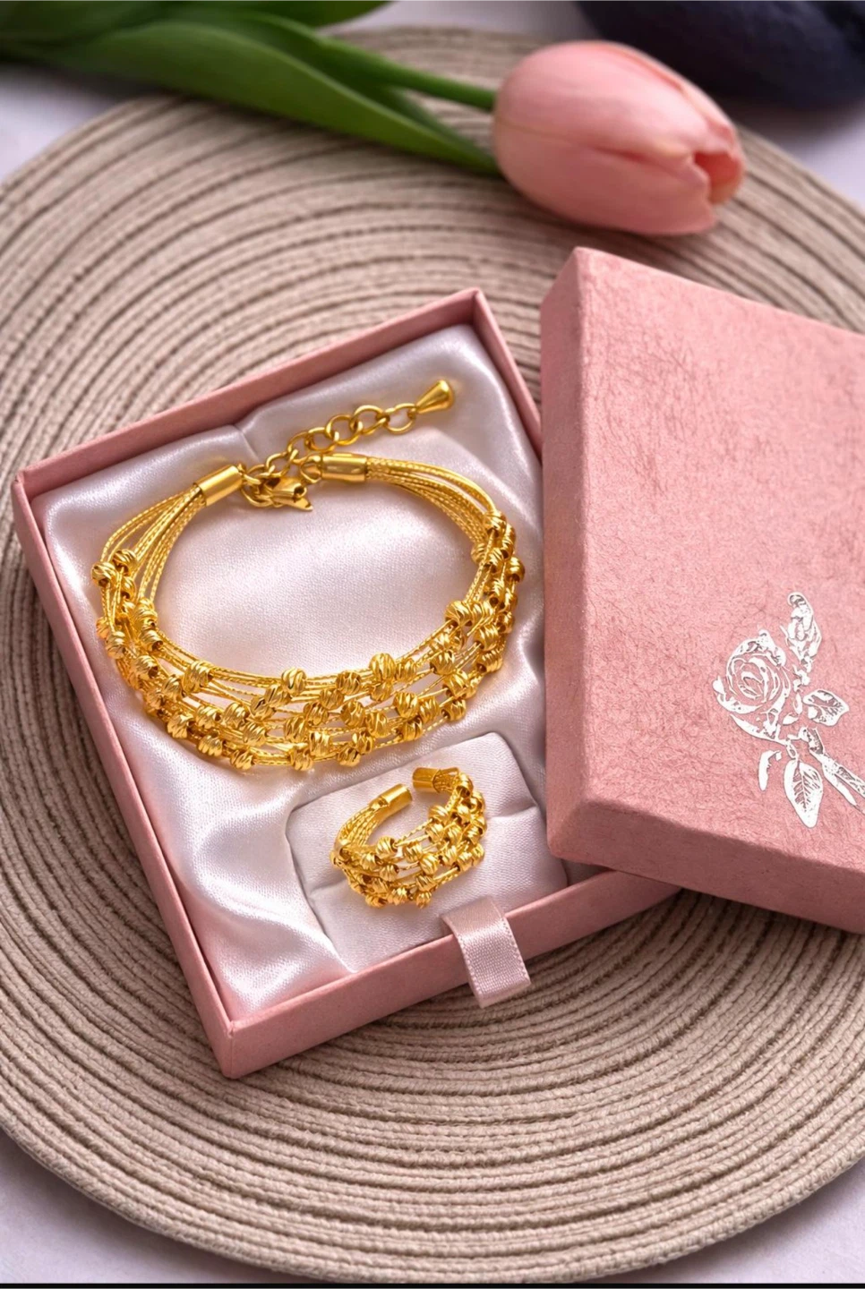 Gold-tone Bracelet and Ring Set with Box - photo 2