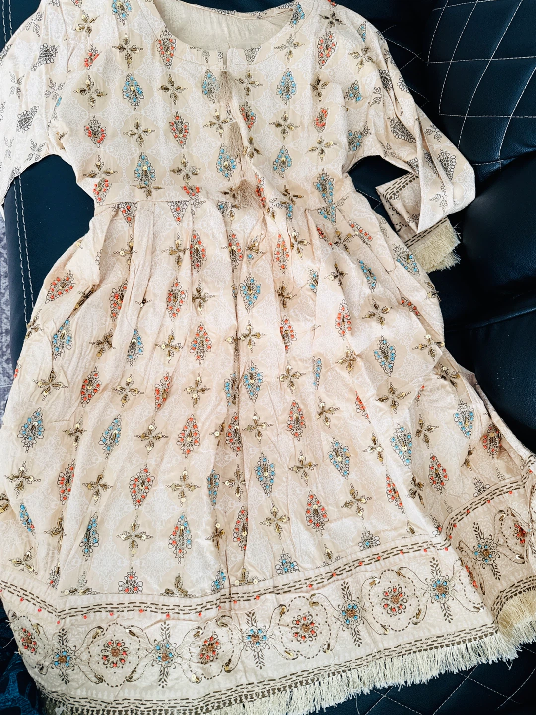 Beige Printed Dress with Embellishments, Brand new