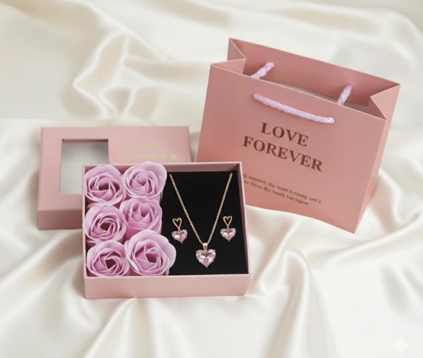 Heart Pendant Necklace and Earrings Set with Soap Roses