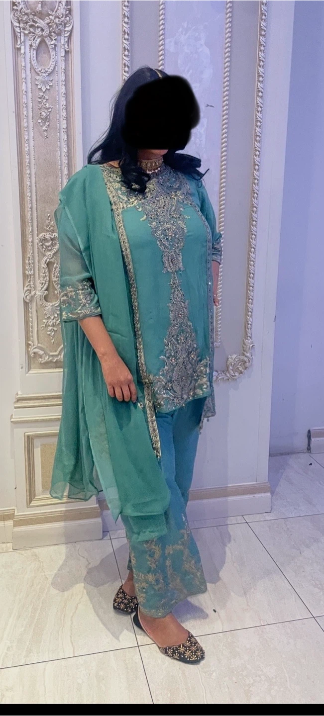 Women's Teal Embroidered Salwar Kameez with Dupatta