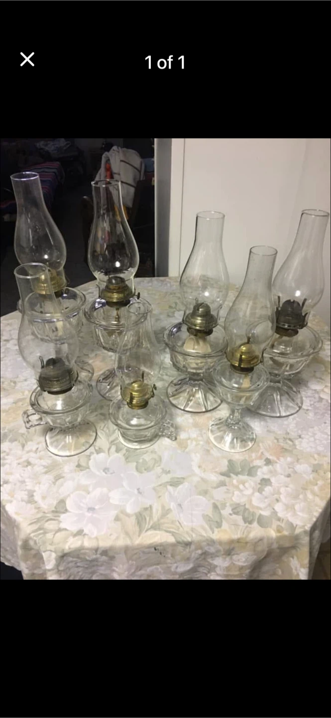 Lot of 8 Glass Oil Lamps with Clear Chimneys