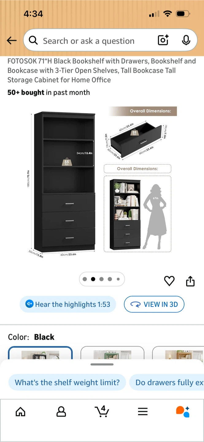 FOTOSOK 71"H Black Bookshelf with Drawers