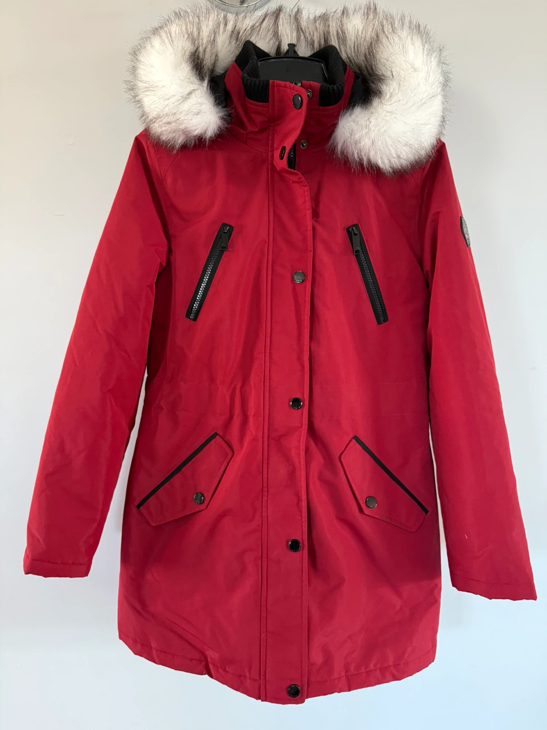 HFX Red Winter Parka Jacket with Faux Fur Hood - Size S
