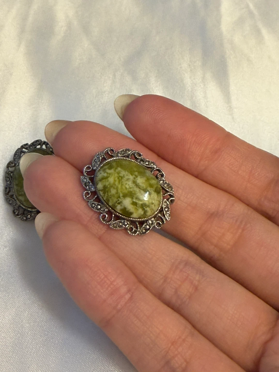 Vintage Green Stone and Marcasite Clip-On Earrings - photo 3