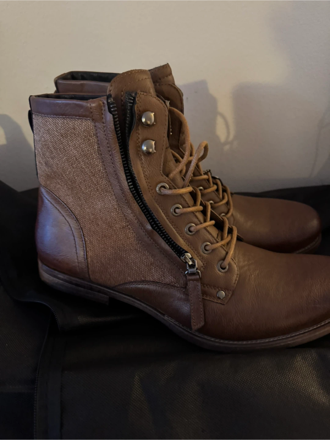 Brown Leather Lace-Up Ankle Boots with Side Zip
